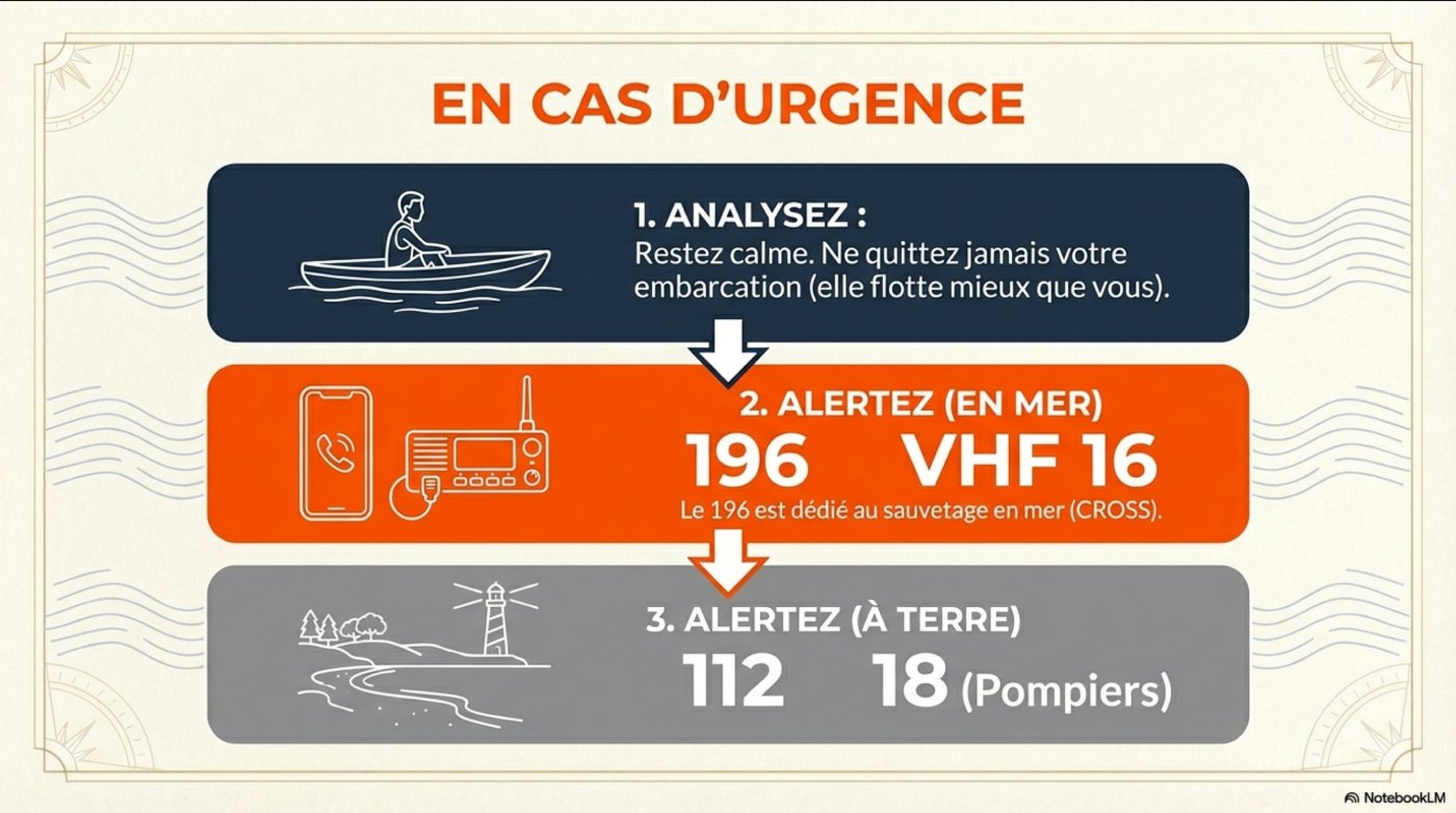 En cas d'urgence : 1. analysez (restez calme, ne quittez pas l'embarcation), 2. alertez en mer au 196 ou VHF 16 (CROSS), 3. alertez à terre au 112 ou 18 (pompiers)